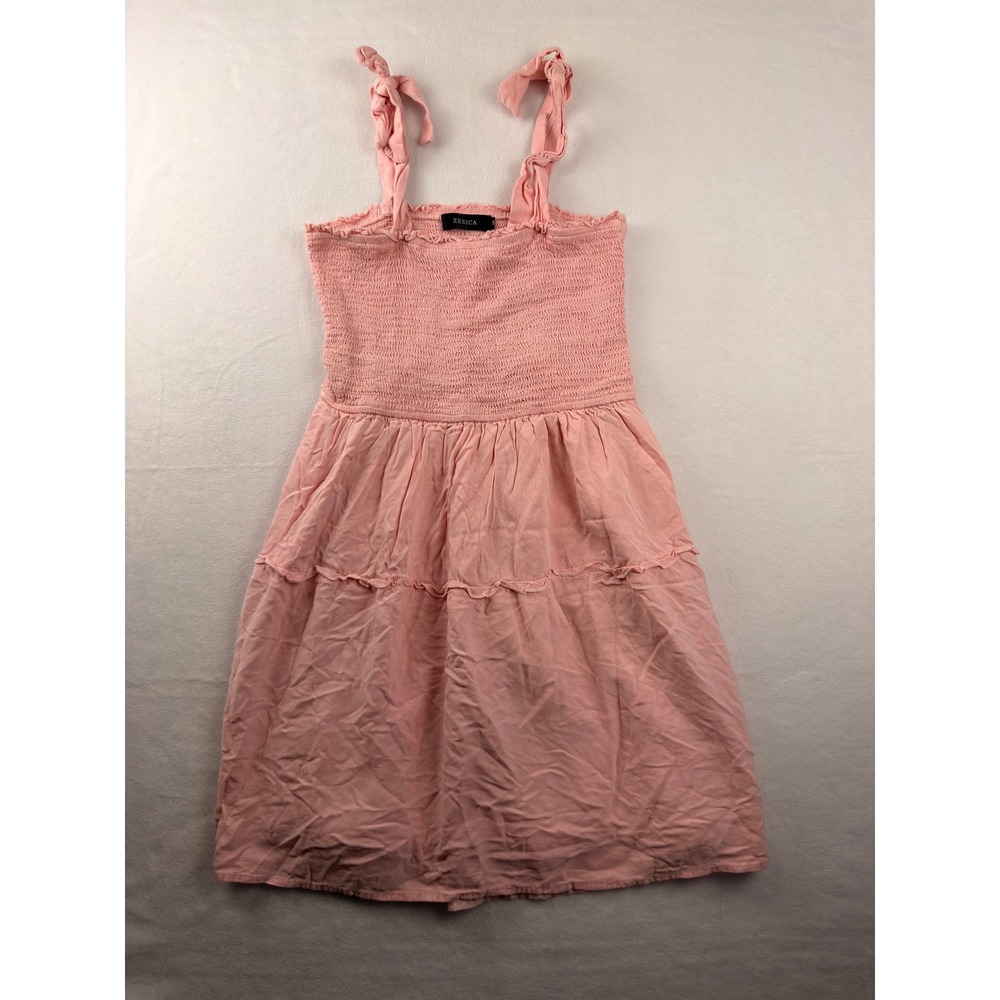 Zesica Pink Smocked Tie Shoulder Tiered Rayon Mini Dress Medium